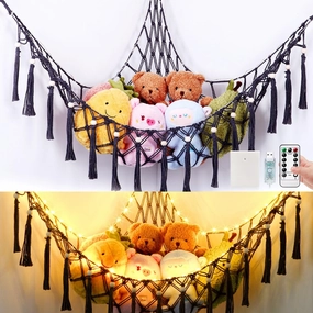 Stuffed Animal Hammock with 75LEDs, Large 55in Storage Macrame Hammock, Hanging Net for Kids Bedroom Doll Room Corner Organizer, USB Plush Animal Net with Remote (Gray, XL)