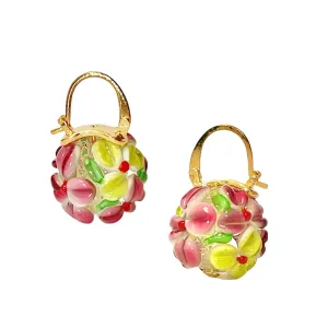 Summer Garden - Italian Murano Glass Inspired Colorful 3D Hydrangea Flower Ball Earrings, Huggie Hoops, 1920's Vintage Style Jewelry for Women (Pink&Yellow)