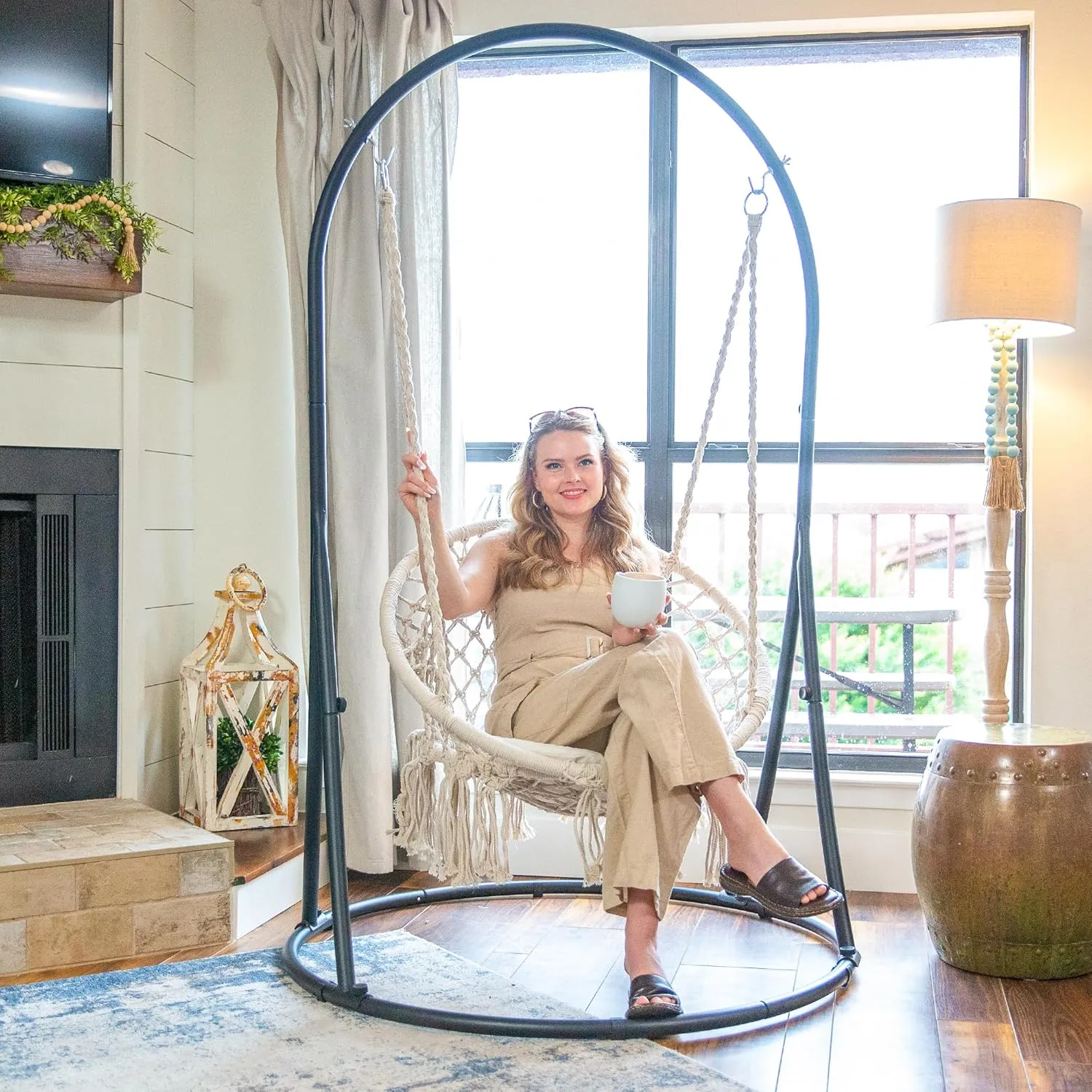 SUNCREAT Hammock Chair with Stand Included, Heavy Duty Hanging Chair with Stand, 330 lbs Capacity, Patent Pending, Beige