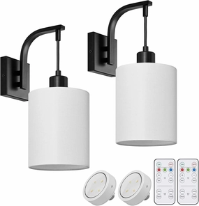 SURAIELEC Battery Operated Wall Sconces Set of Two, Wireless Sconces Wall Decor with Remote Control, 3 Color Temperatures, Dimmable Indoor Wall Lights for Living Room Bedroom, White Linen Shade