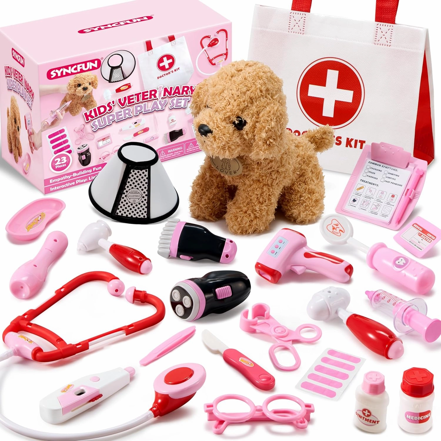SYNCFUN Doctor Kit for Girls, 22 PCS Veterinarian Playset for Kids, Vet Kit with Dog Toy, Stethoscope, Storage Bag and Accessories, Pretend Play for Toddlers 3 4 5 6, Christmas and Birthday Gifts