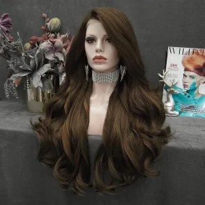 Synthetic Lace Front Wig Brown Long Wavy Natural Hairline Heat Resistant Wig for Women Drag Queen 26 inch