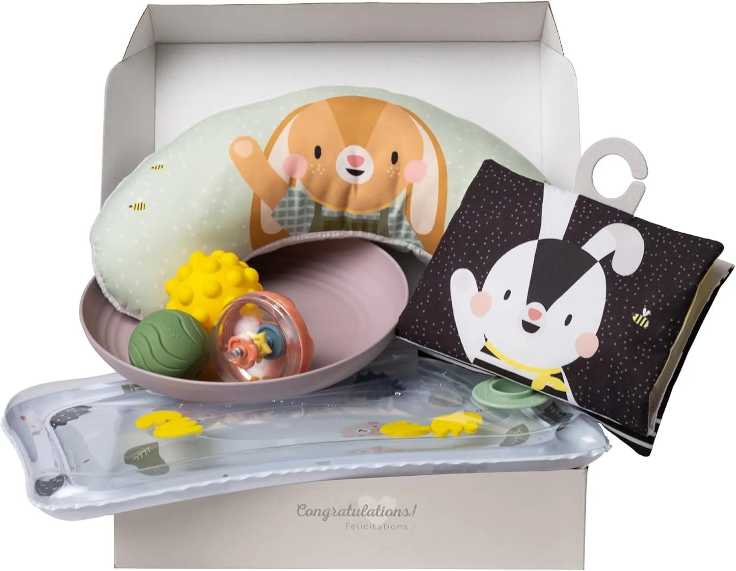 Taf Toys Baby Tummy Time Kit - High Contrast Black and White Crinkle Book, Support Pillow, Activity Water Mat, Sensory Balls, Plate - Newborn Infant Sensory Toy Set