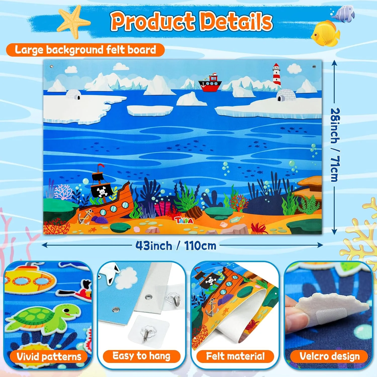 Taika 70 Pcs Ocean Felt Story Board Set, 43x28 inch Interactive Felt Board, Fuzzy Flannel Board, Preschool Storytelling, Classroom Educational Learning Play Kit, Interactive Teaching Kit for 3 years  