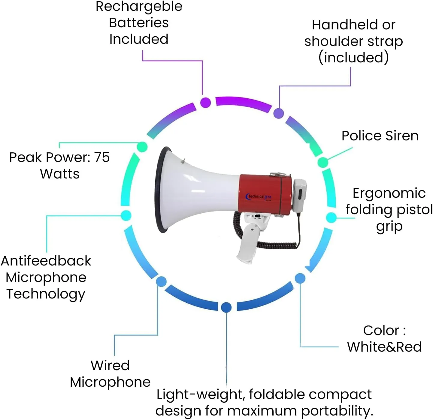 Technical Pro Rechargeable Portable 75-Watt Megaphone Bullhorn Speaker w/Siren & Detachable Microphone - Battery w/Battery a Built-in AC Wall Charger, Good for Trainers, Coaches, Cheer Leaders