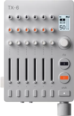 teenage engineering TX–6 portable and rechargeable 6 stereo channel mixer, usb audio interface and sound card, 8 hour battery life, built-in effects, ble and usb midi, iOS compatible