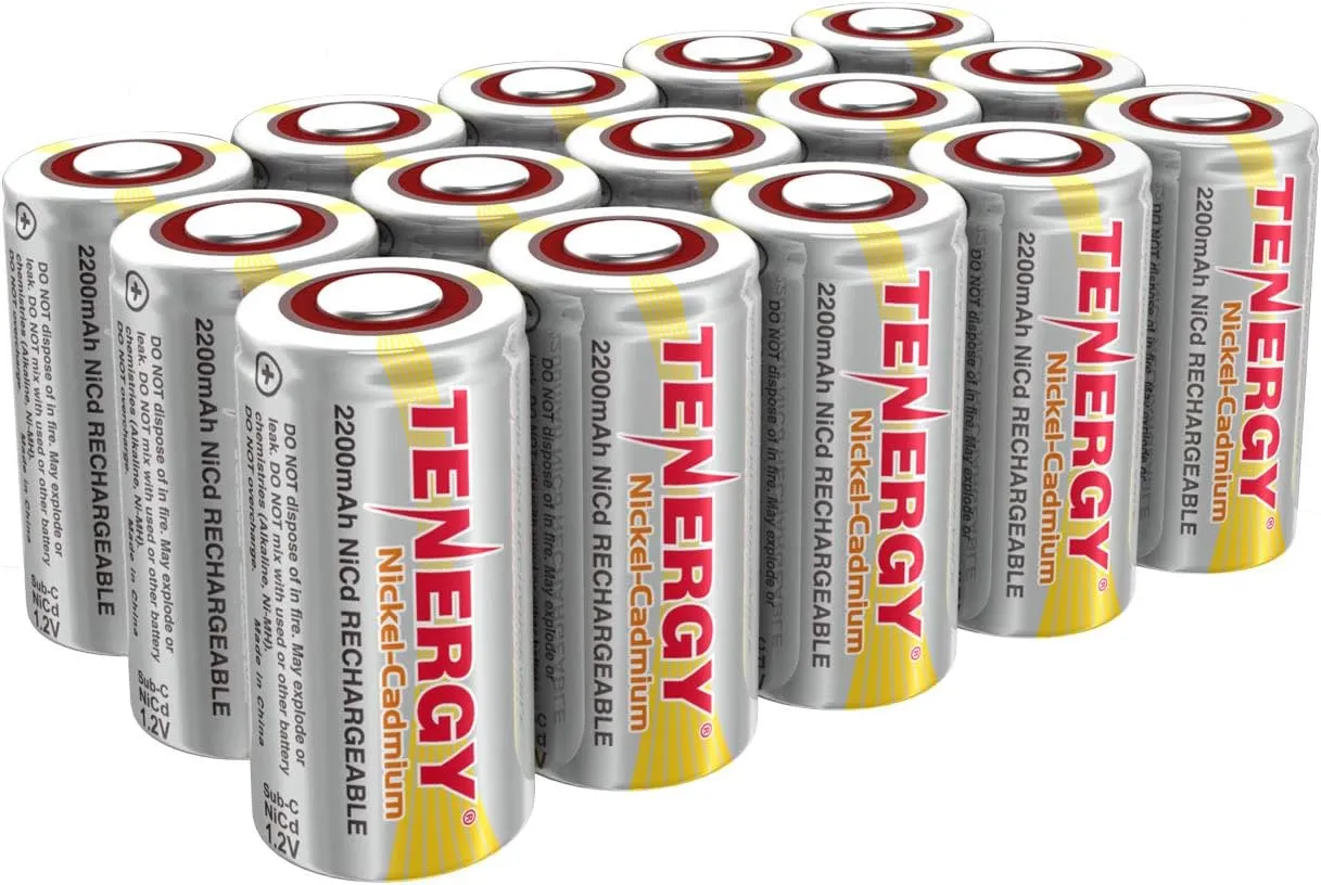 Tenergy SubC 2200mAh NiCd Flat Top Rechargeable Battery (No Tabs) - 15 Pack