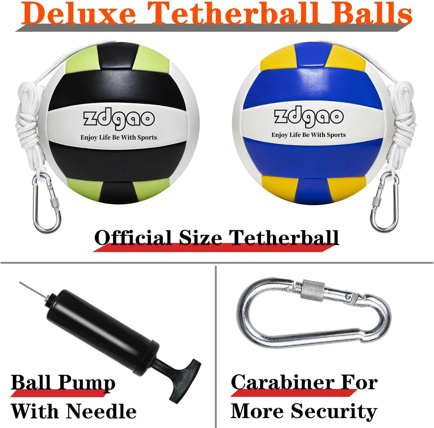 Tetherball Ball and Rope, Replacement Tether Ball with Carabiner, Ball Pump with Needle for Kids and Adults Backyard Game