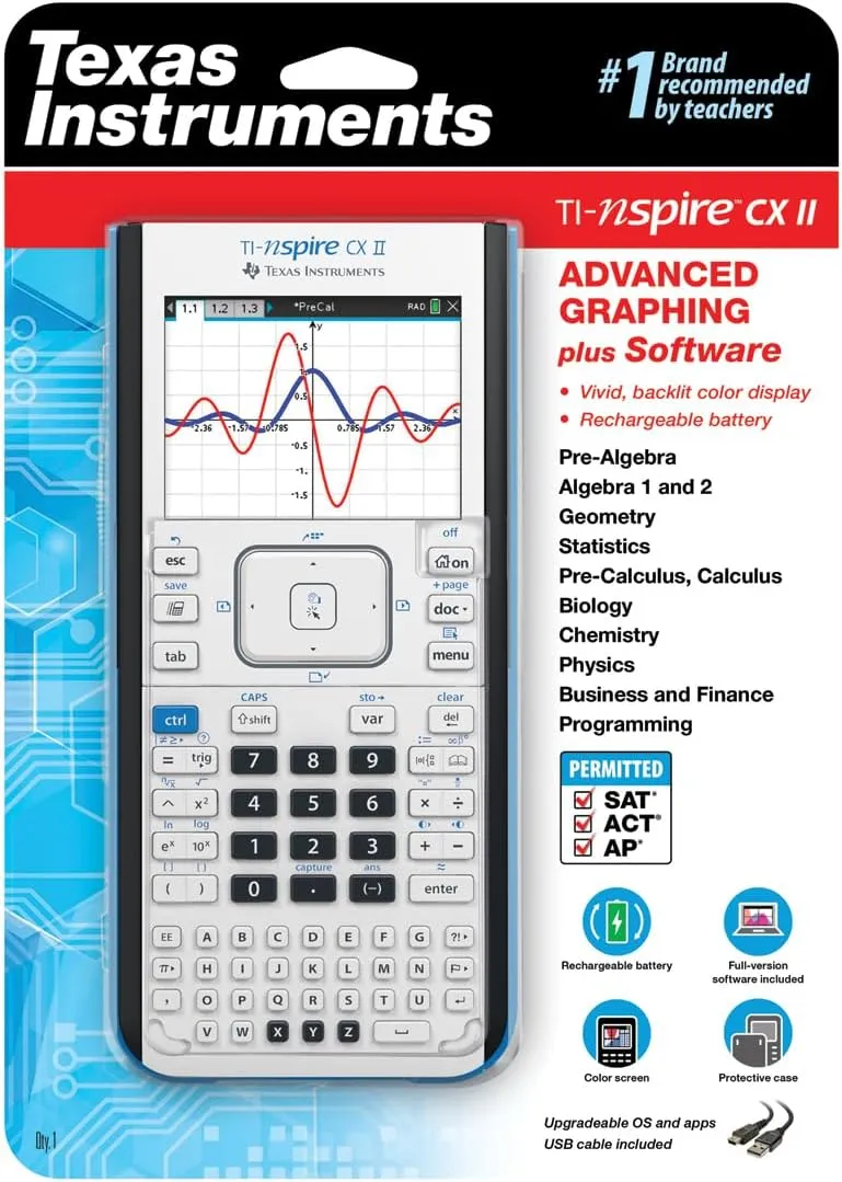 Texas Instruments TI-Nspire CX II Color Graphing Calculator with Student Software (PC/Mac) White 3.54 x 7.48