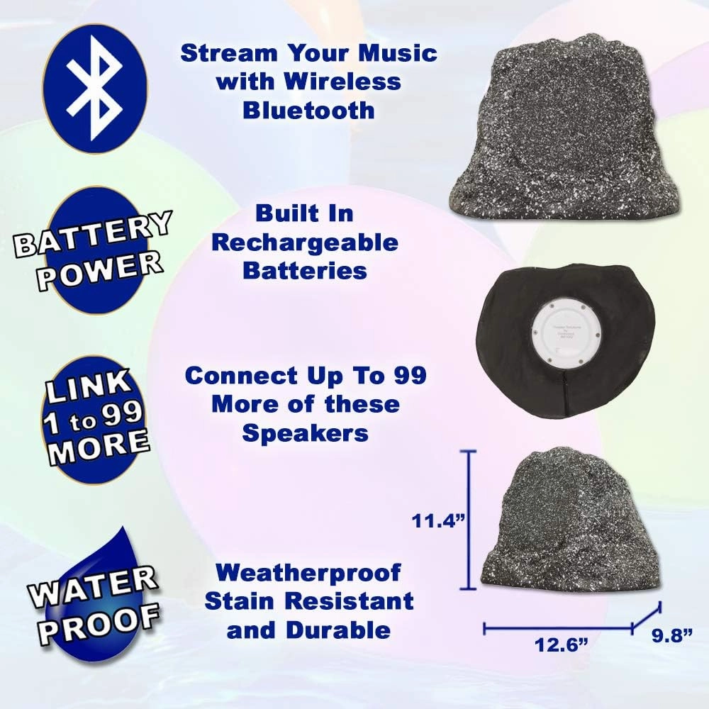 Theater Solutions by Goldwood B61GG Wireless Rechargeable Bluetooth Outdoor 6.5 Inch Rock Speaker System – Granite Gray, Set of 2, 200 Watts