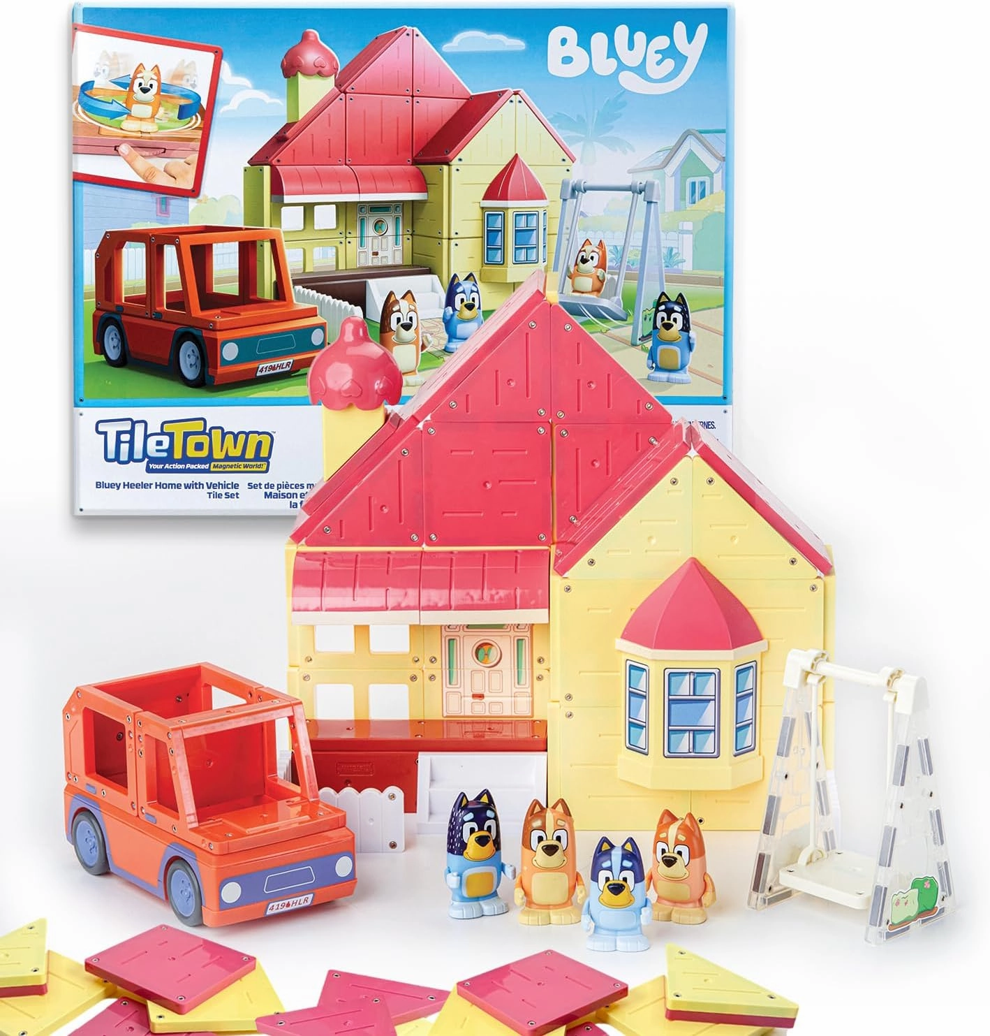 Tile Town Bluey Heeler Family Home 46-Piece Magnetic Tile Playset, Interactive STEM Magnetic Tiles Toys, Includes Bluey & Bingo Figures, Action Tiles