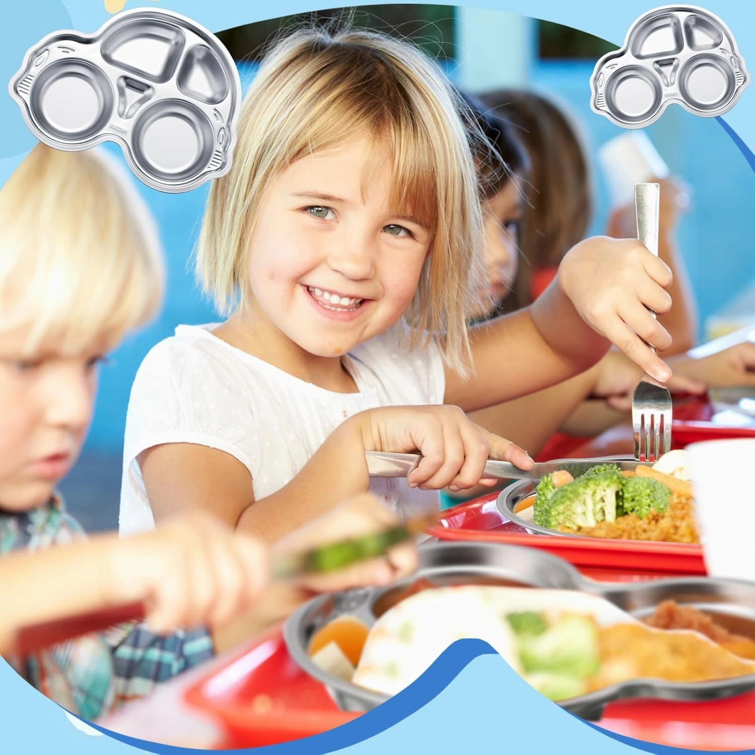 Tioncy 4 Pcs Stainless Steel Kids Plates 4 Sections Divided Unbreakable Dinner Plates Cute Car Shape bowls for Babies, Toddlers and Kids Lunch, Portion Control, Camping