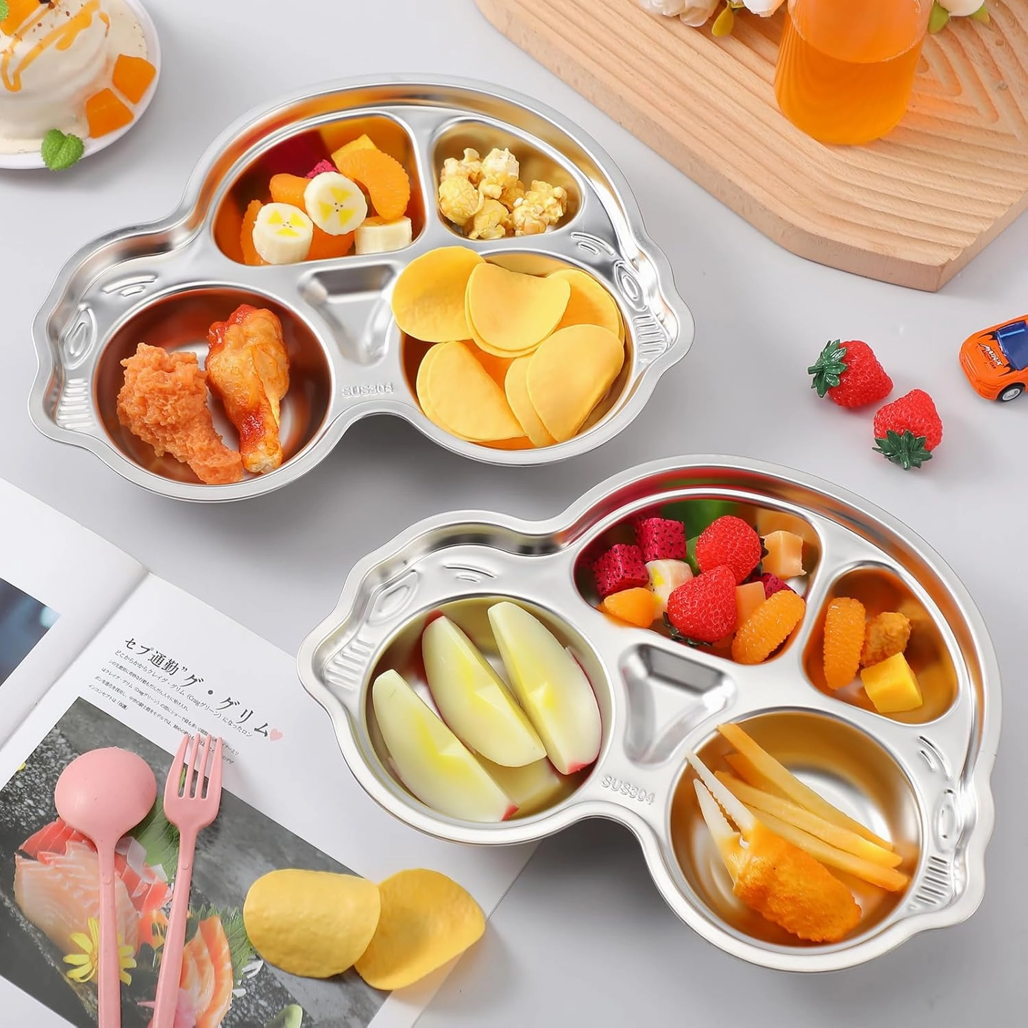 Tioncy 4 Pcs Stainless Steel Kids Plates 4 Sections Divided Unbreakable Dinner Plates Cute Car Shape bowls for Babies, Toddlers and Kids Lunch, Portion Control, Camping