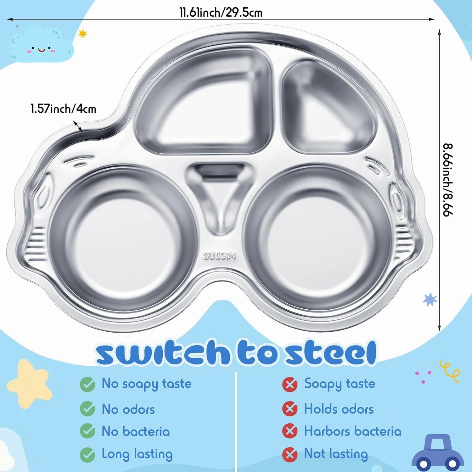 Tioncy 4 Pcs Stainless Steel Kids Plates 4 Sections Divided Unbreakable Dinner Plates Cute Car Shape bowls for Babies, Toddlers and Kids Lunch, Portion Control, Camping