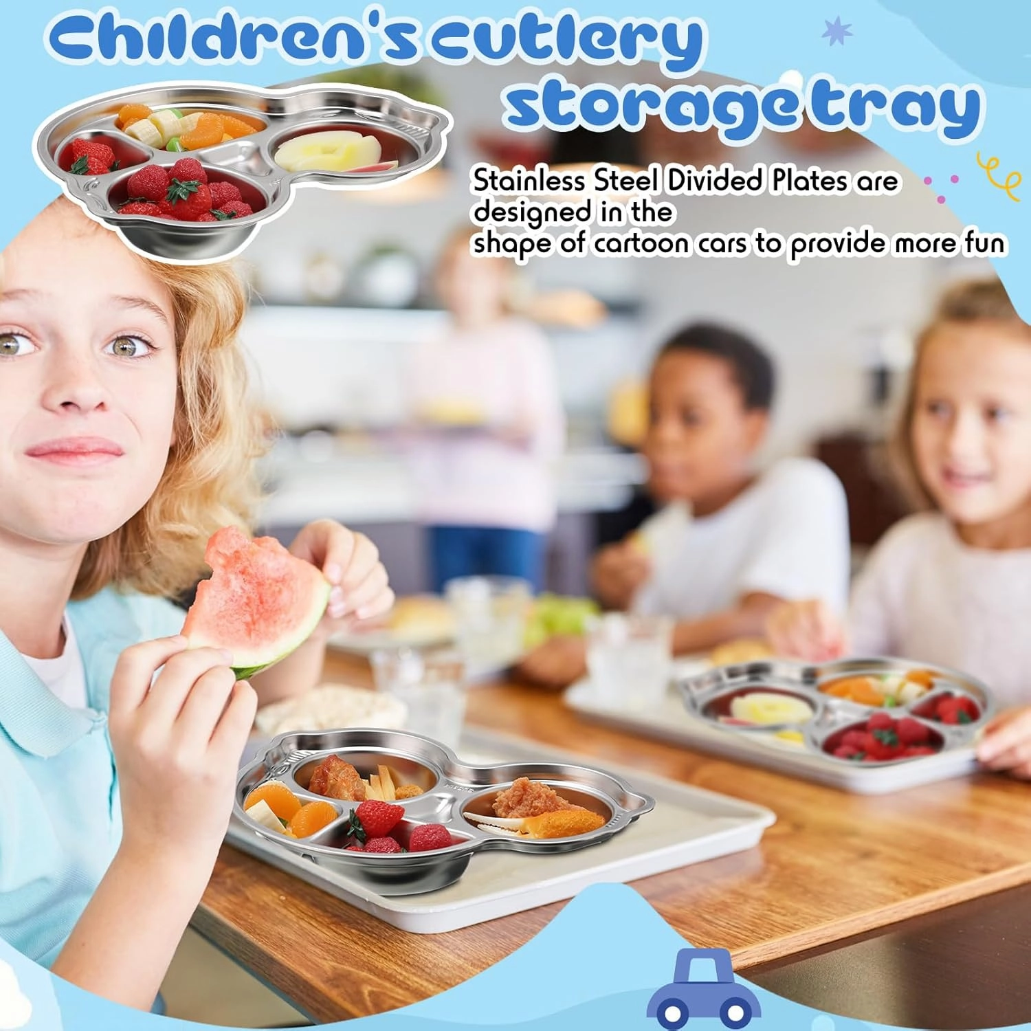 Tioncy 4 Pcs Stainless Steel Kids Plates 4 Sections Divided Unbreakable Dinner Plates Cute Car Shape bowls for Babies, Toddlers and Kids Lunch, Portion Control, Camping