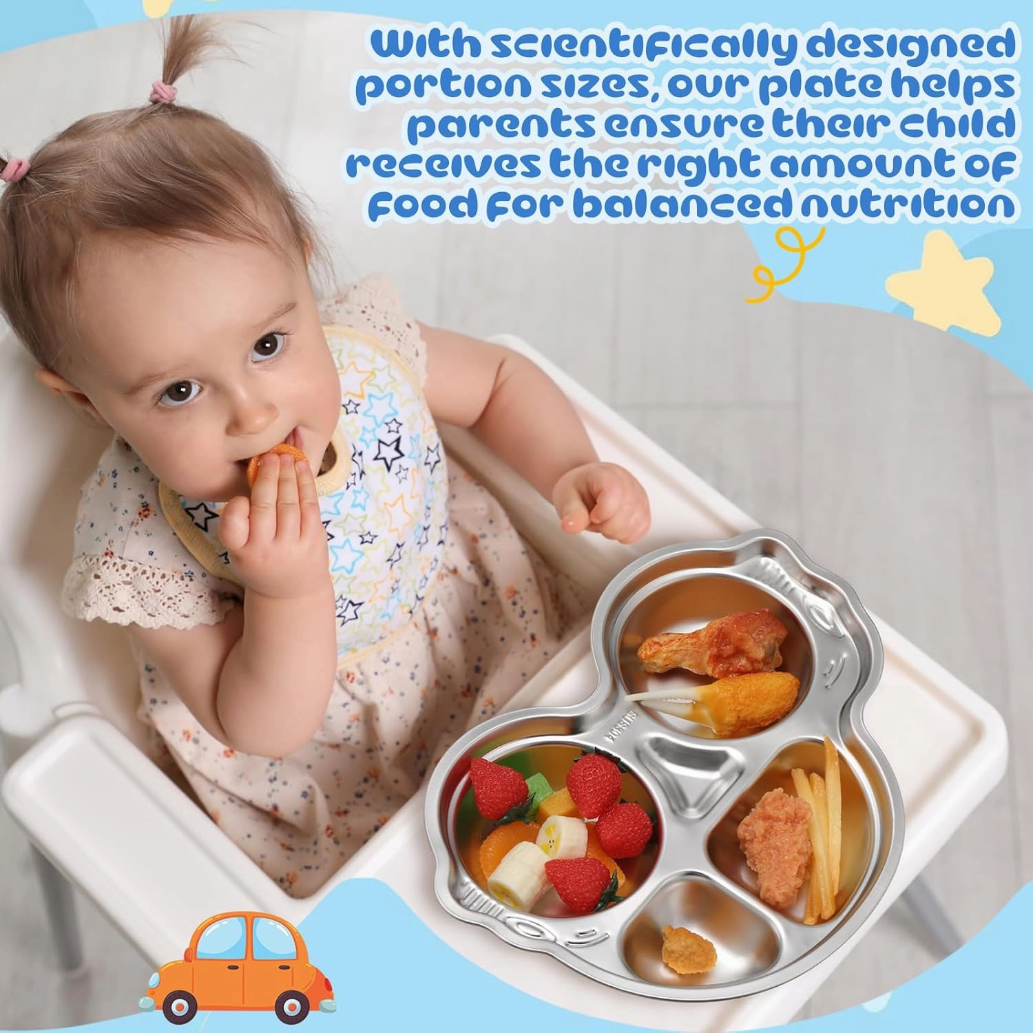 Tioncy 4 Pcs Stainless Steel Kids Plates 4 Sections Divided Unbreakable Dinner Plates Cute Car Shape bowls for Babies, Toddlers and Kids Lunch, Portion Control, Camping