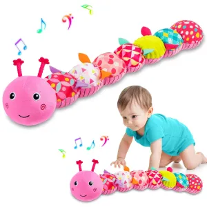 TOHIBEE Baby Toys Musical Caterpillar, Infant Stuffed Animal for 0-6 6-12 Months with Crinkle and Rattles, Tummy Time Sensory Toys Newborn Boys Girls Gifts 0 3 6 9 12 Months - Pink