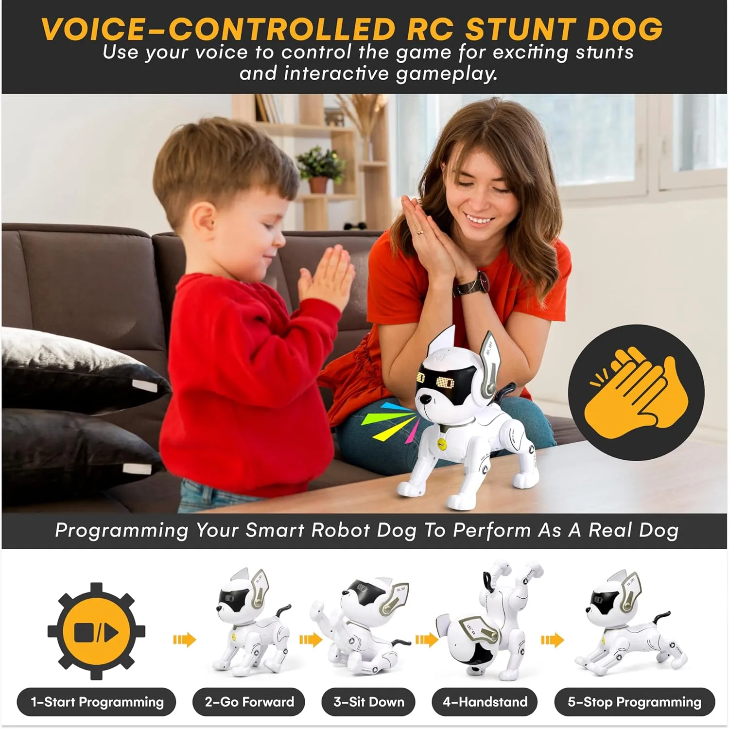 Top Race Robot Dog - Interactive Rechargeable RC Dog Toy for Kids with Gesture Sensing, Adventure Mode, Programming Tricks, STEM Learning - Robotic Pet for Ages 8-12 - White