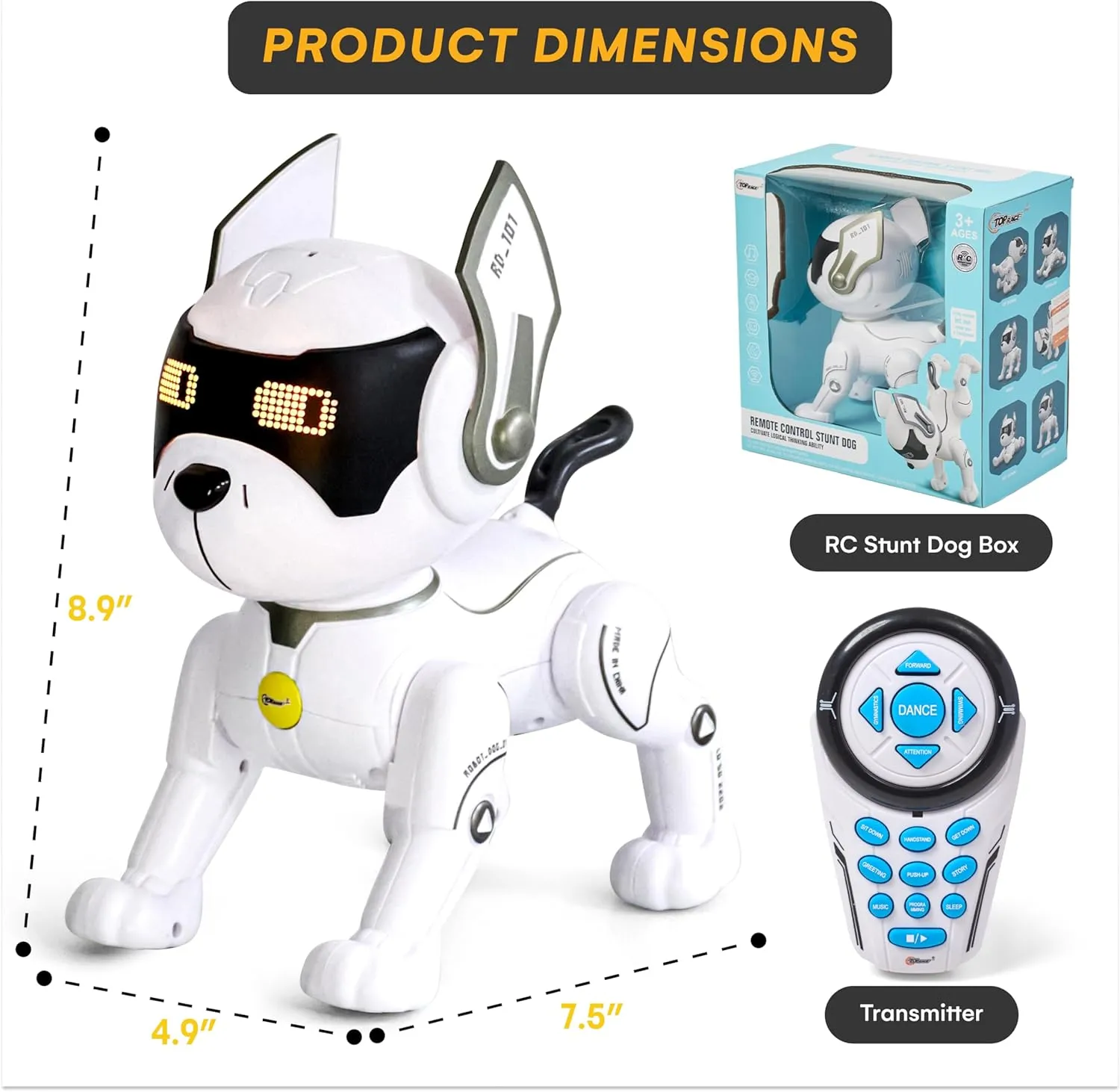 Top Race Robot Dog - Interactive Rechargeable RC Dog Toy for Kids with Gesture Sensing, Adventure Mode, Programming Tricks, STEM Learning - Robotic Pet for Ages 8-12 - White