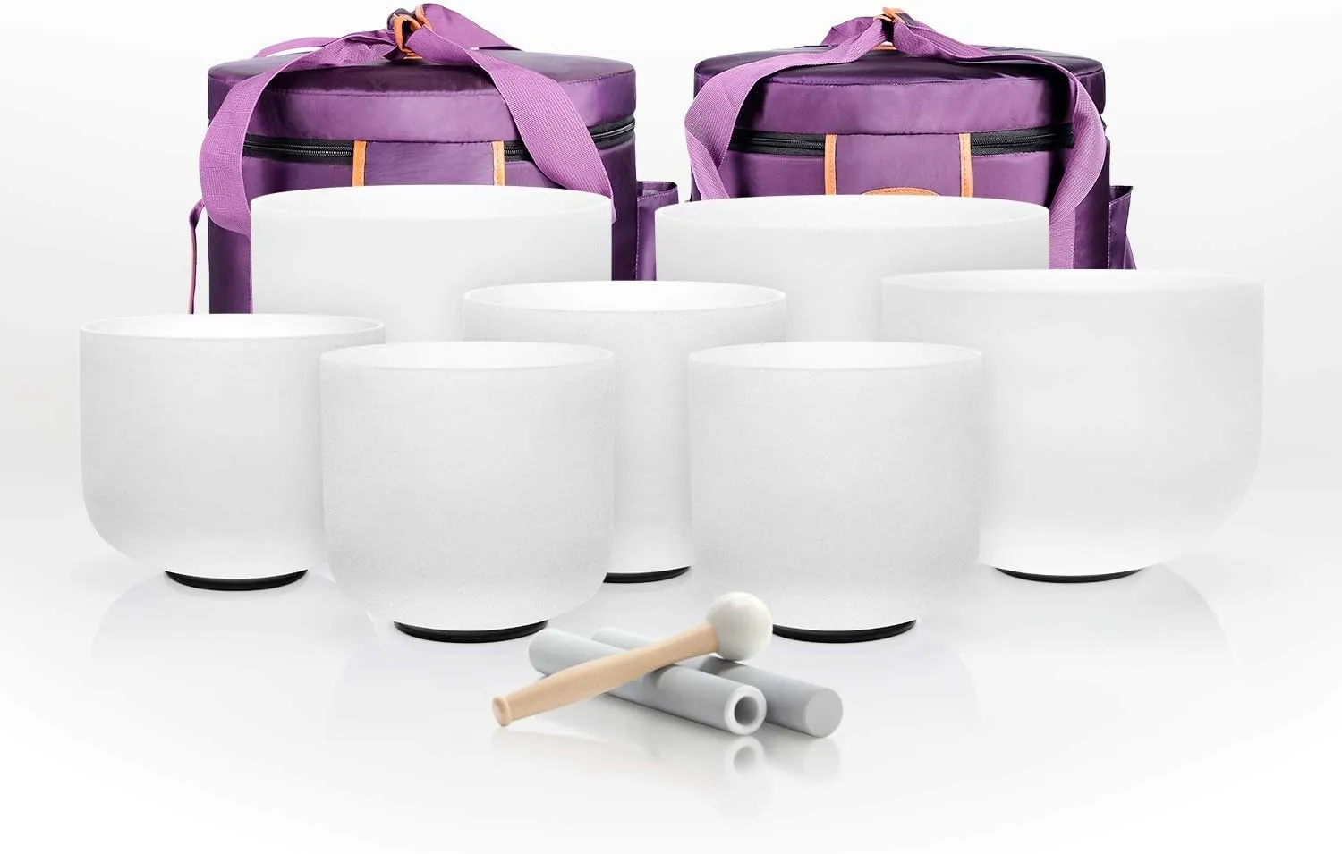 TOPFUND 6-12 Inch 432Hz Chakra Set of 7 Crystal Singing Bowls with Heavy Duty Carrying Cases and Mallets