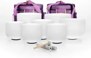 TOPFUND 6-12 Inch 432Hz Chakra Set of 7 Crystal Singing Bowls with Heavy Duty Carrying Cases and Mallets
