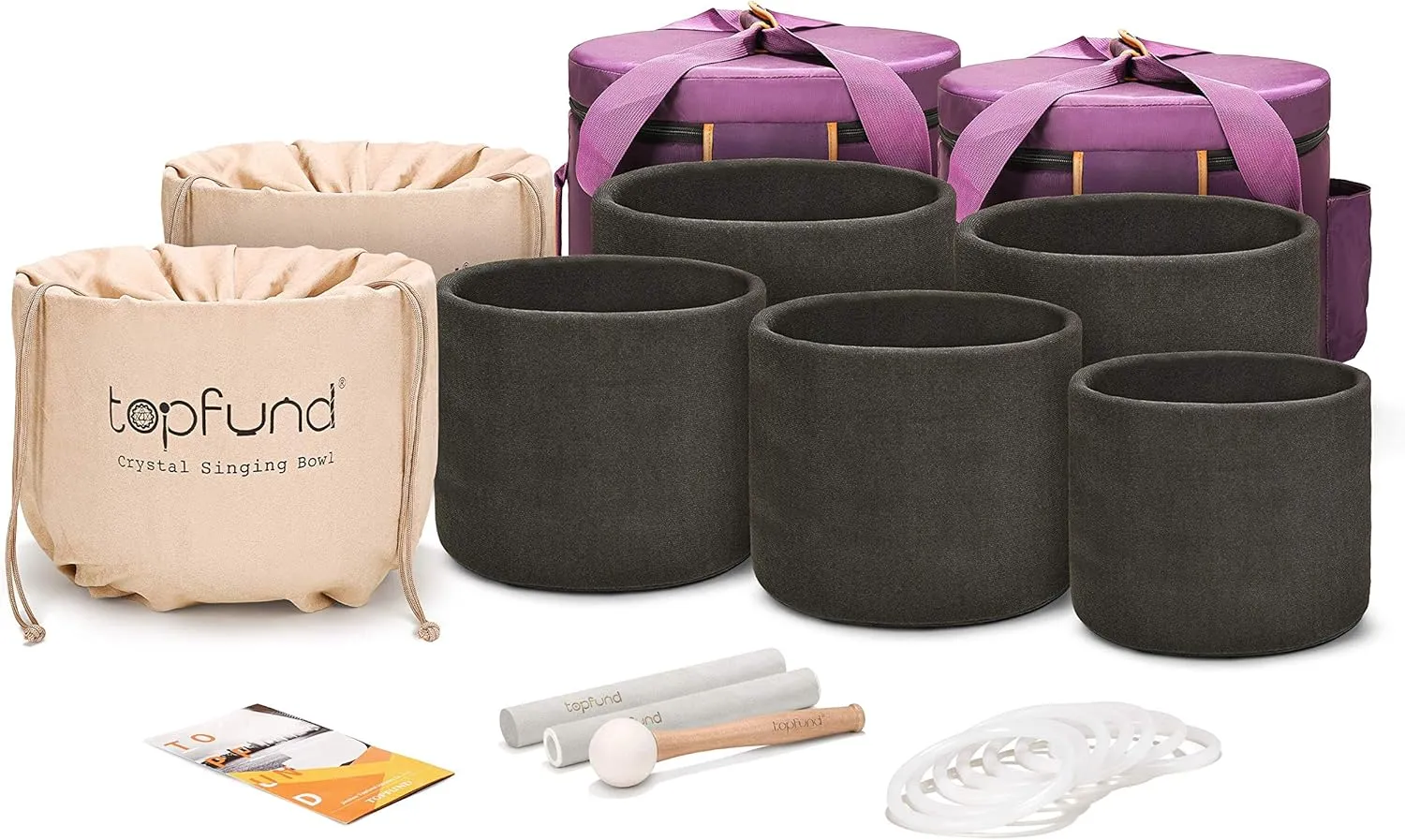 TOPFUND 6-12 Inch 432Hz Chakra Set of 7 Crystal Singing Bowls with Heavy Duty Carrying Cases and Mallets