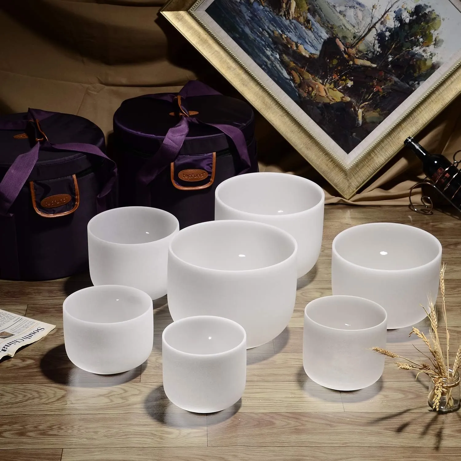TOPFUND 6-12 Inch 432Hz Chakra Set of 7 Crystal Singing Bowls with Heavy Duty Carrying Cases and Mallets