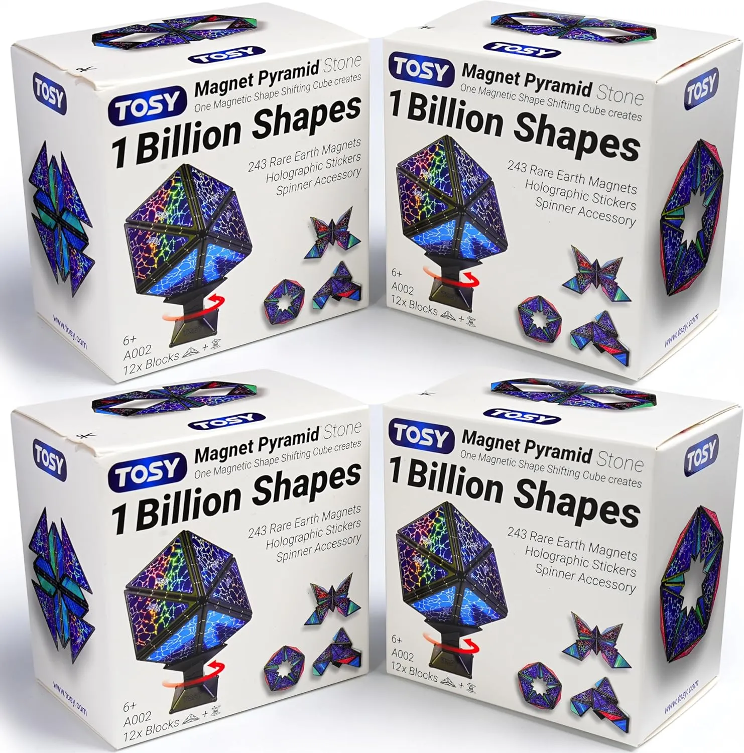 TOSY Magnet Pyramid Stone - 1 Cube Transforms into 1 Billion Shapes, 12 Pieces, 243 Rare Earth Magnets, Holographic Design Magnet Tiles Creative Puzzle STEAM Toy, 4-Pack