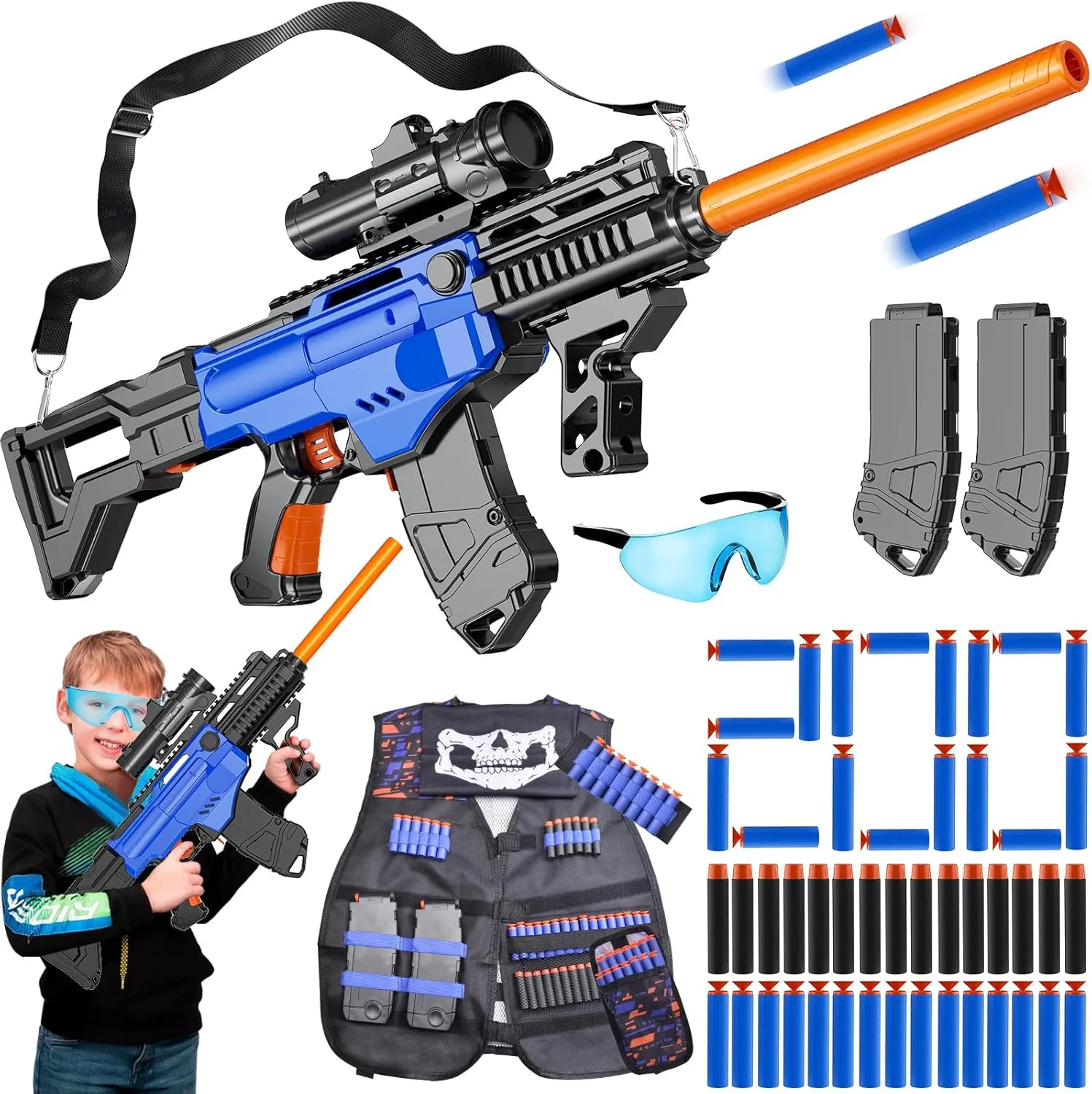 Toy Gun Automatic Sniper Rifle with Lanyard, Electric Realistic Toy Foam Blasters- 200 Darts, Tactical Vest Set, Scope and 2 Clips, Cool Toys for Kids Ages 8-12, Birthday Xmas Gifts for Boys Adults