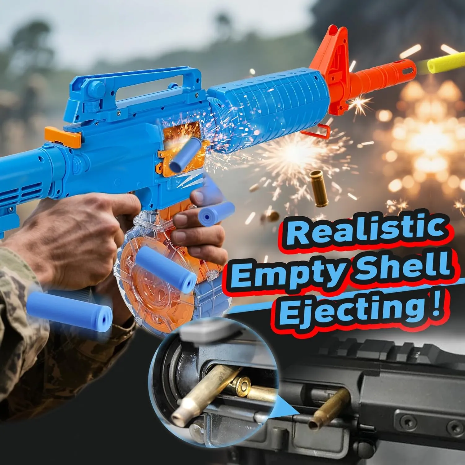 Toy Gun Shell Ejecting Electric Soft Bullet M16 Models Foam Blasters with 22 Capacity Drum Magazines & Bullet Quick Loader Auto/Manual Modes Indoor Outdoor Play for Boys Girls Adults Age 8 