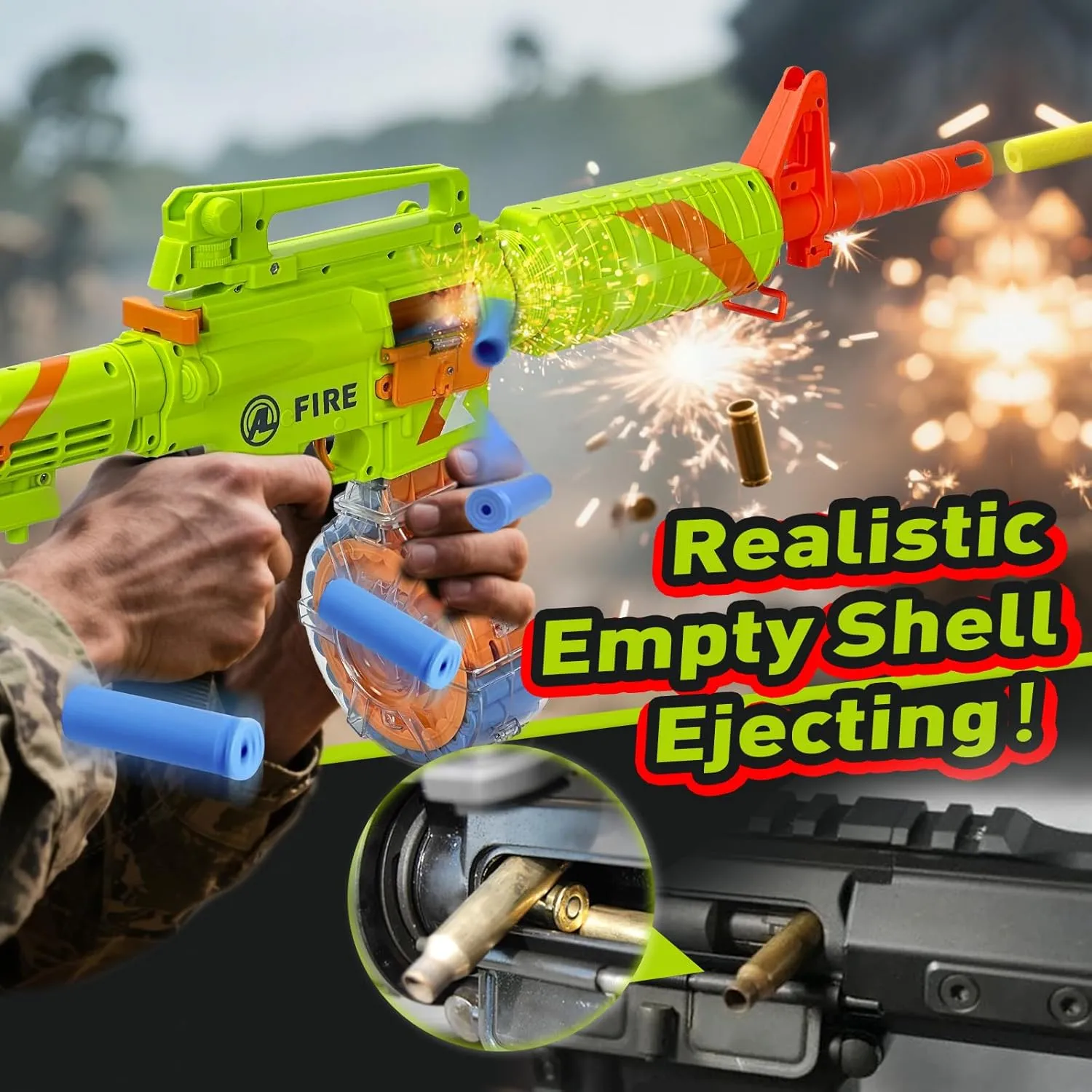 Toy Gun Shell Ejecting Electric Soft Bullet M16 Models Foam Blasters with 22 Capacity Drum Magazines & Bullet Quick Loader Auto/Manual Modes Indoor Outdoor Play for Boys Girls Adults Age 8 