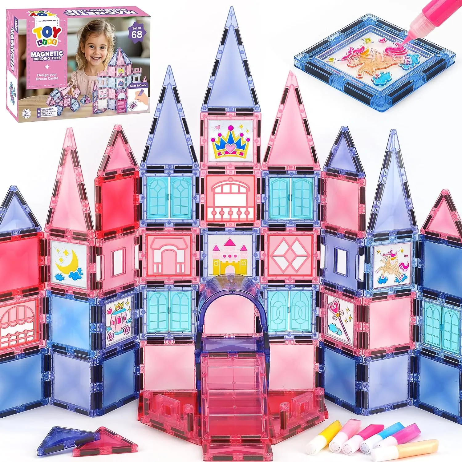 TOY Life Magnetic Tiles 68pcs Princess Castle Magnet Tiles with Windows Art, Building Toys Girls Magnetic Tile for Toddlers 3 , Magnetic Tile Art for Kids Ages 4-8, Craft Toys Gifts for Kid