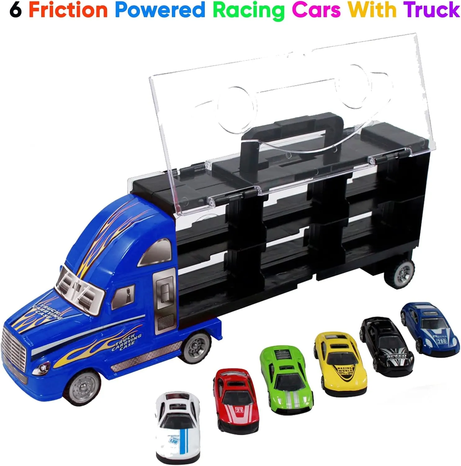 Toy Truck Transport Carrier Includes 6 Friction Powered Fast Racing Cars, Large Truck Rig Set with Collapsible Handle