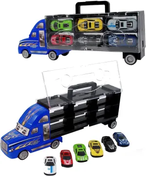 Toy Truck Transport Carrier Includes 6 Friction Powered Fast Racing Cars, Large Truck Rig Set with Collapsible Handle