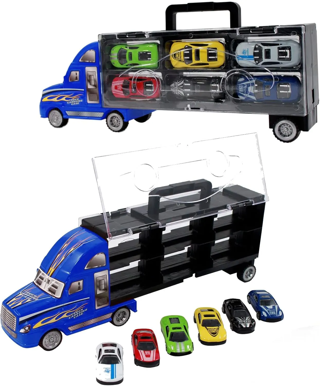 Toy Truck Transport Carrier Includes 6 Friction Powered Fast Racing Cars, Large Truck Rig Set with Collapsible Handle