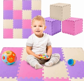 TOYVELT Ultimate Foam Play Mat Set 12x12-16 Interlocking Floor Tiles for Kids - Non Toxic, Colorful Foam Puzzle Mats - Safe and Durable - Ideal Play Mat for Toddlers 1-3 - Pink-Purple-Beige