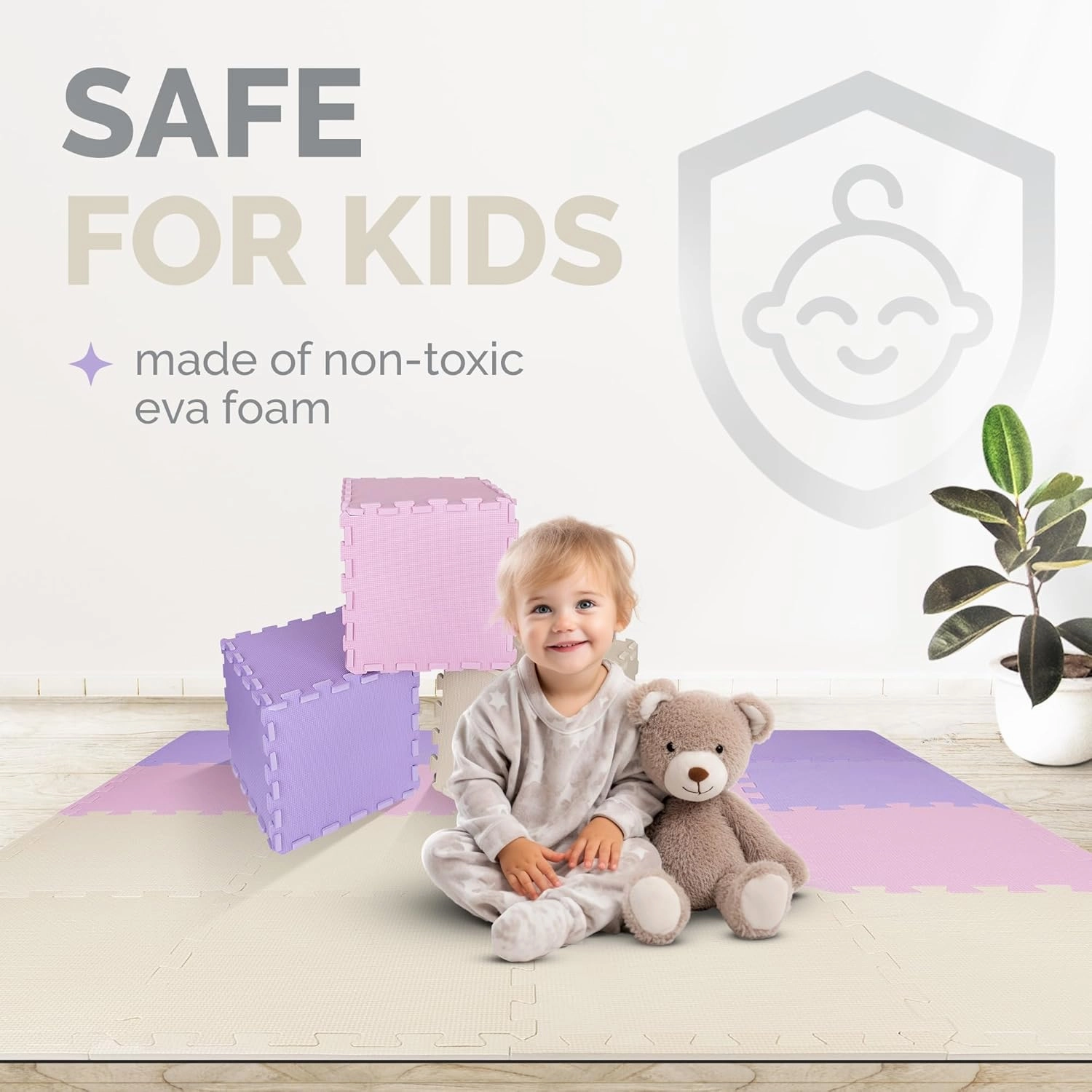 TOYVELT Ultimate Foam Play Mat Set 12x12-16 Interlocking Floor Tiles for Kids - Non Toxic, Colorful Foam Puzzle Mats - Safe and Durable - Ideal Play Mat for Toddlers 1-3 - Pink-Purple-Beige