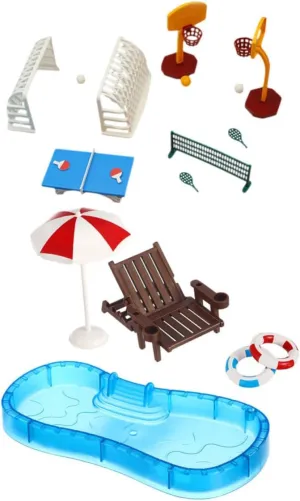 Toyvian Miniature Dollhouse Swimming Pool with Swim Ring Beach Chair Umbrella for Creative Play DIY Miniature Landscapes Imaginative Decor Dollhouse Accessories for Summer Fun