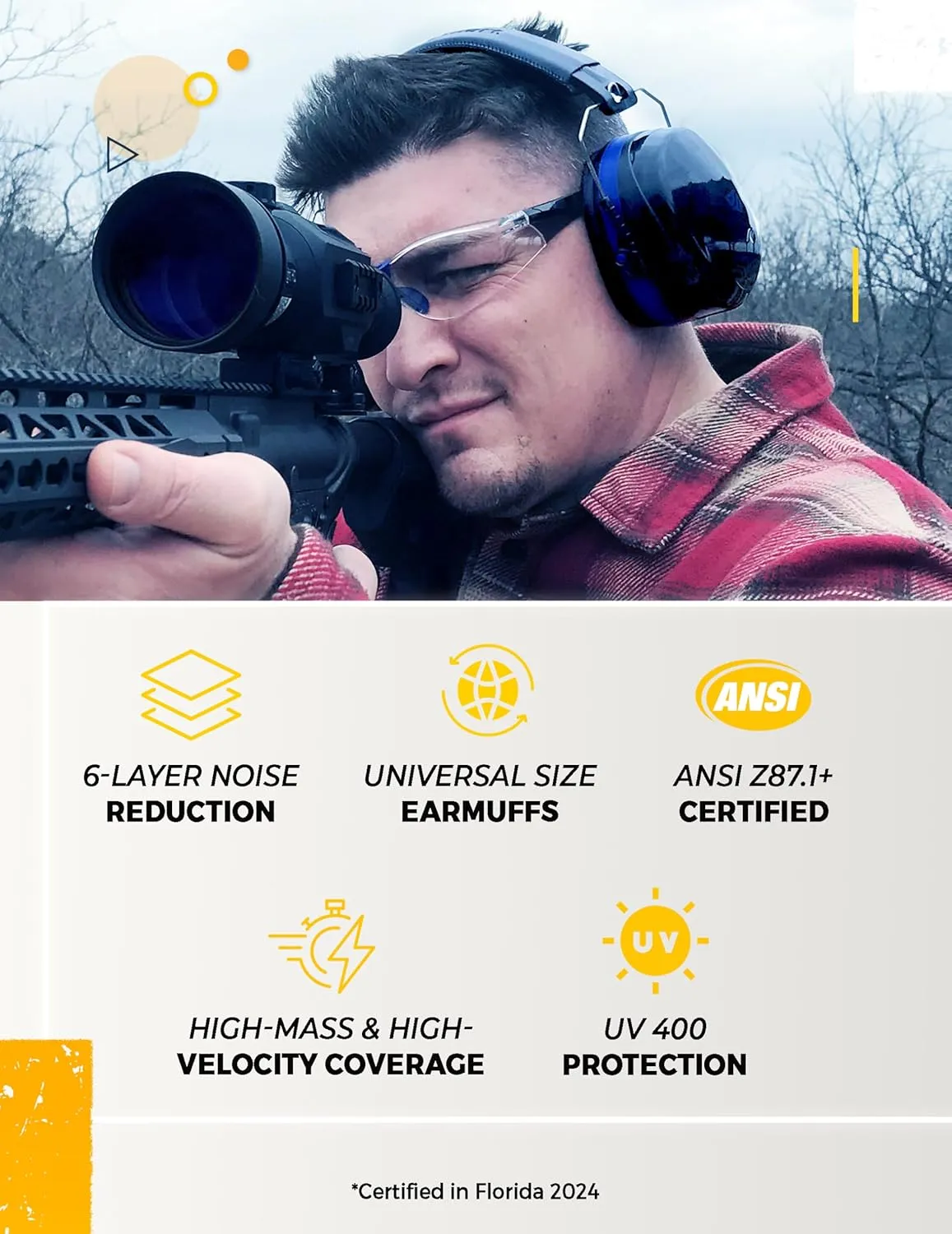 TradeSmart Precision Shooting Kit - 2 Sets of Earmuffs for Shooting Range & Gun Safety Glasses, ANSI Certified
