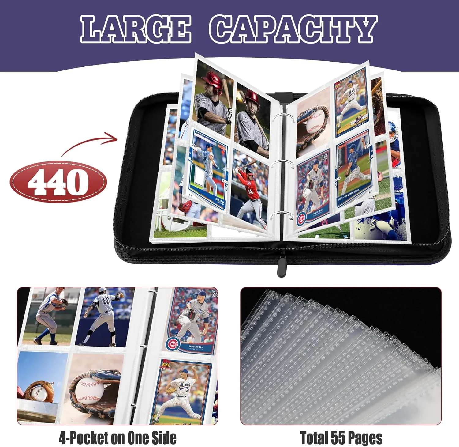 Trading Card Binder with Sleeves, 440 Pocket Baseball Card Binder, Premium Double Sided Pocket PU Card Collection Binder, Sports Card Binder Fits for Basketball Cards, Soccer Cards, Sport Cards