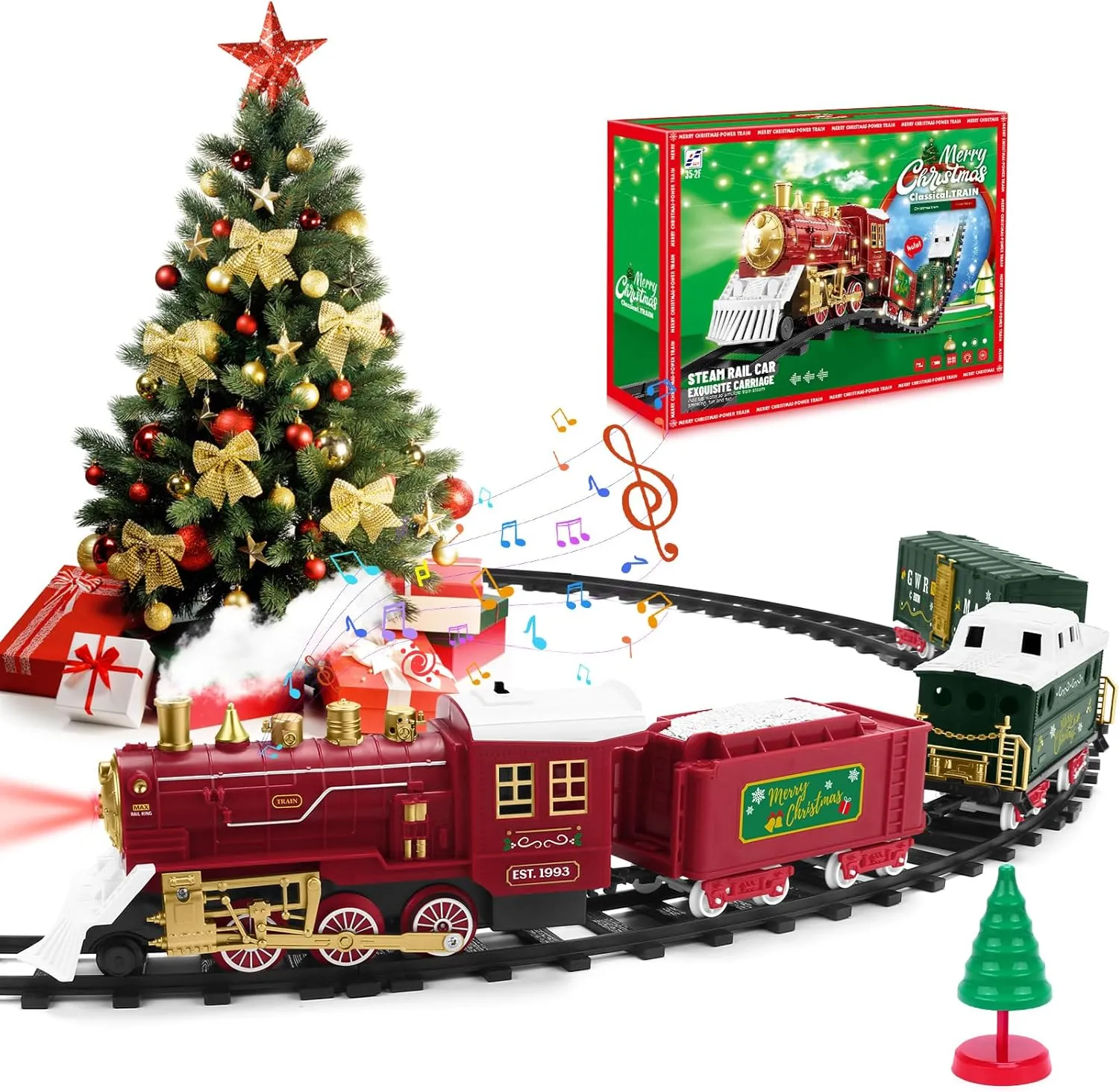 Train Sets-Electric Train Set for Boys, Christmas Train for Around The Tree w/Steam Locomotive Engine with Light&Sound,Carriage&Train Tracks, Battery Operated Train Toys for Toddlers Kids 4-7