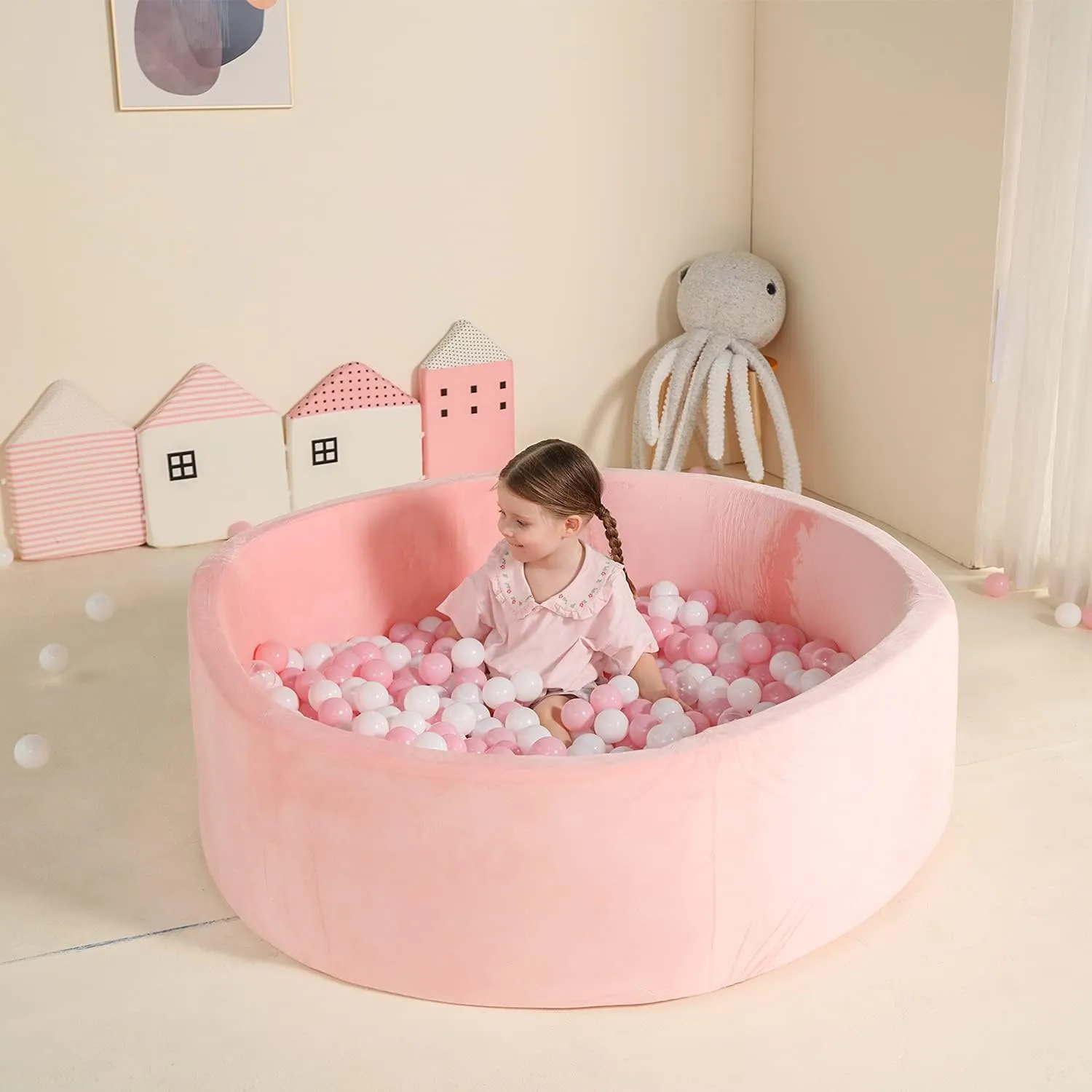 TRENDBOX Extra Large Foam Ball Pit for Toddlers, 47x14 inch Soft Baby Ball Pit with Washable Velvet Cover (Balls not Included)-Pink