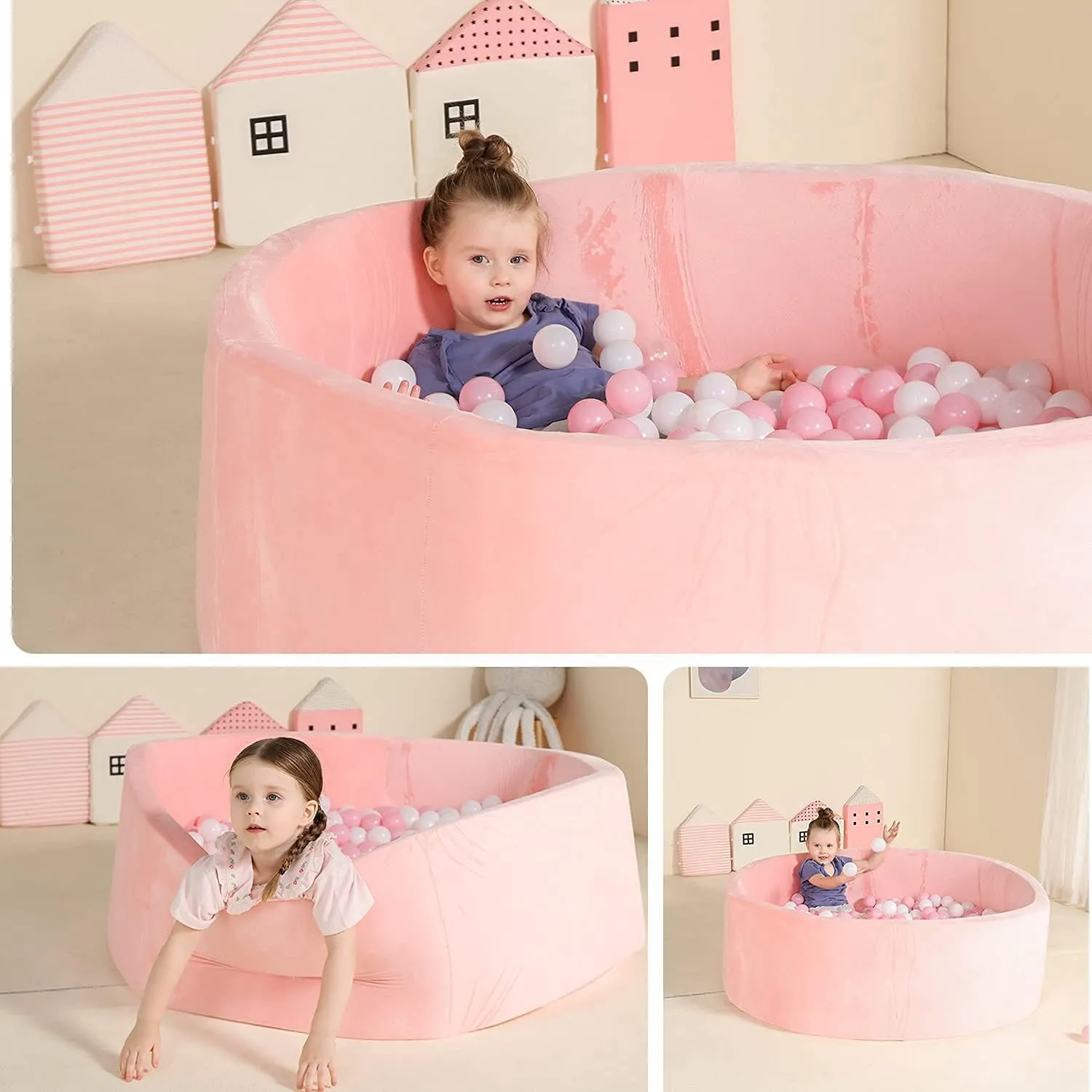 TRENDBOX Extra Large Foam Ball Pit for Toddlers, 47x14 inch Soft Baby Ball Pit with Washable Velvet Cover (Balls not Included)-Pink
