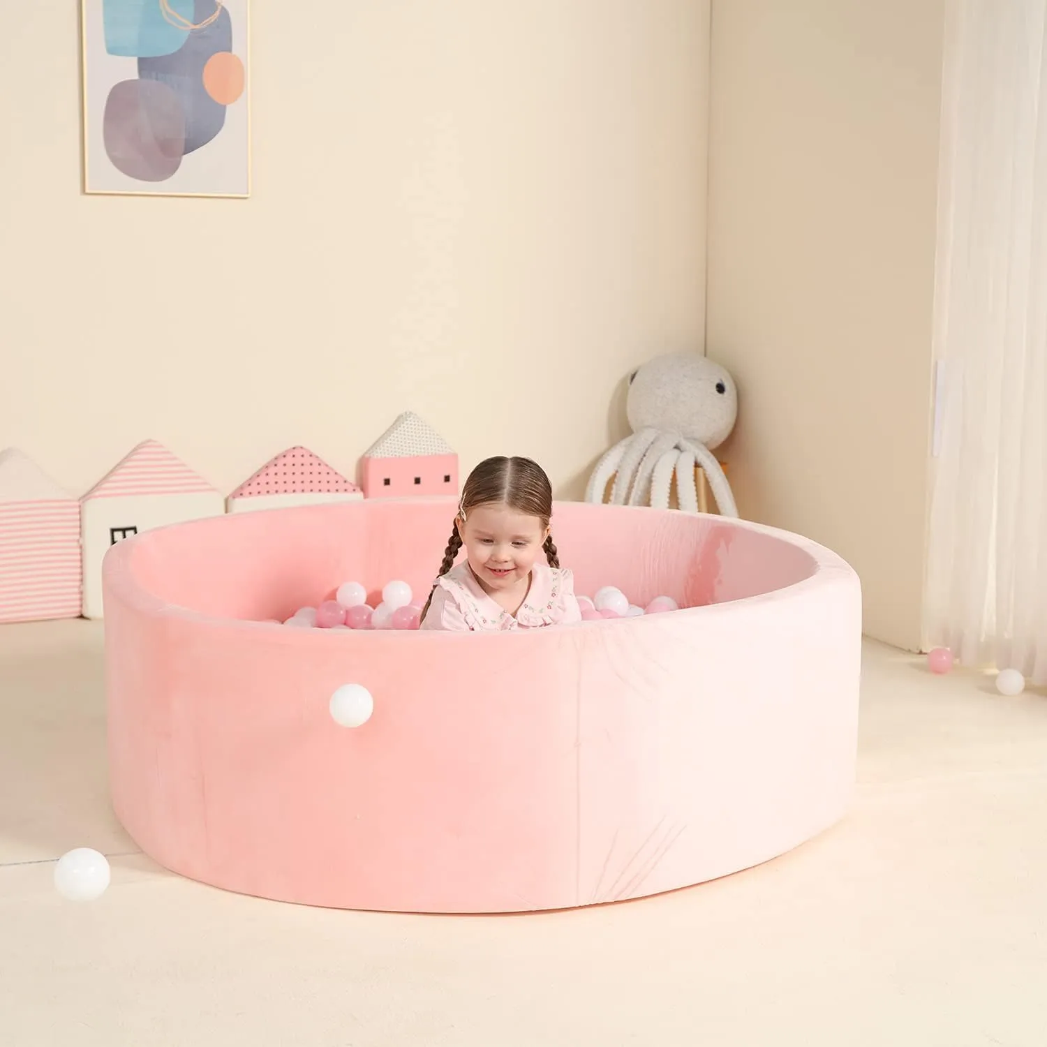 TRENDBOX Extra Large Foam Ball Pit for Toddlers, 47x14 inch Soft Baby Ball Pit with Washable Velvet Cover (Balls not Included)-Pink