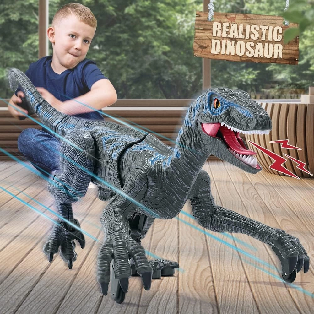 Tudou 2.4G Remote Control Dinosaur Toys, Educational Electronic Walking Velociraptor with Lights & Sounds, Powered by Rechargeable Battery, RC Toys for Kids Boys & Girls