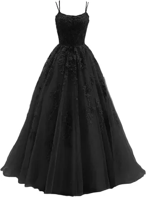 Tulle Spaghetti Straps Prom Dresses Long Lace Appliques Ball Gowns for Women