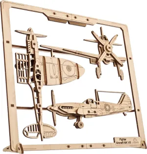 UGEARS 2.5D Framed Fighter Aircraft - Classic Aircraft Wood Model Kit with Movable Aileron, Propeller, Wheel & Canopy - Airplane Wooden Puzzle Model Kits - Home and Office Decor