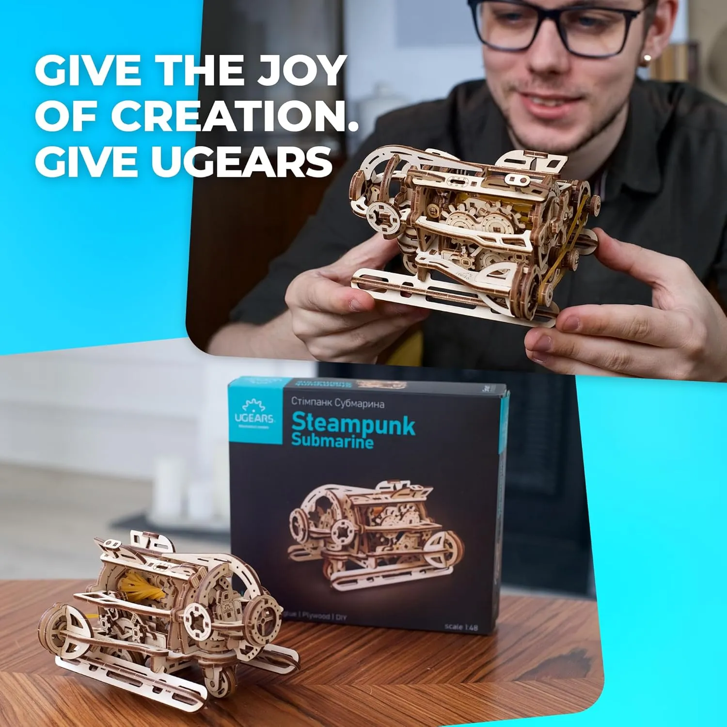 UGEARS 3D Wooden Puzzles for Adults - Steampunk Submarine Wooden Model Kit – Mechanical Puzzle Model Building Kits - DIY Kits for Adults for Maritime Enthusiasts Gifts for Puzzle Lovers - 200 Pcs