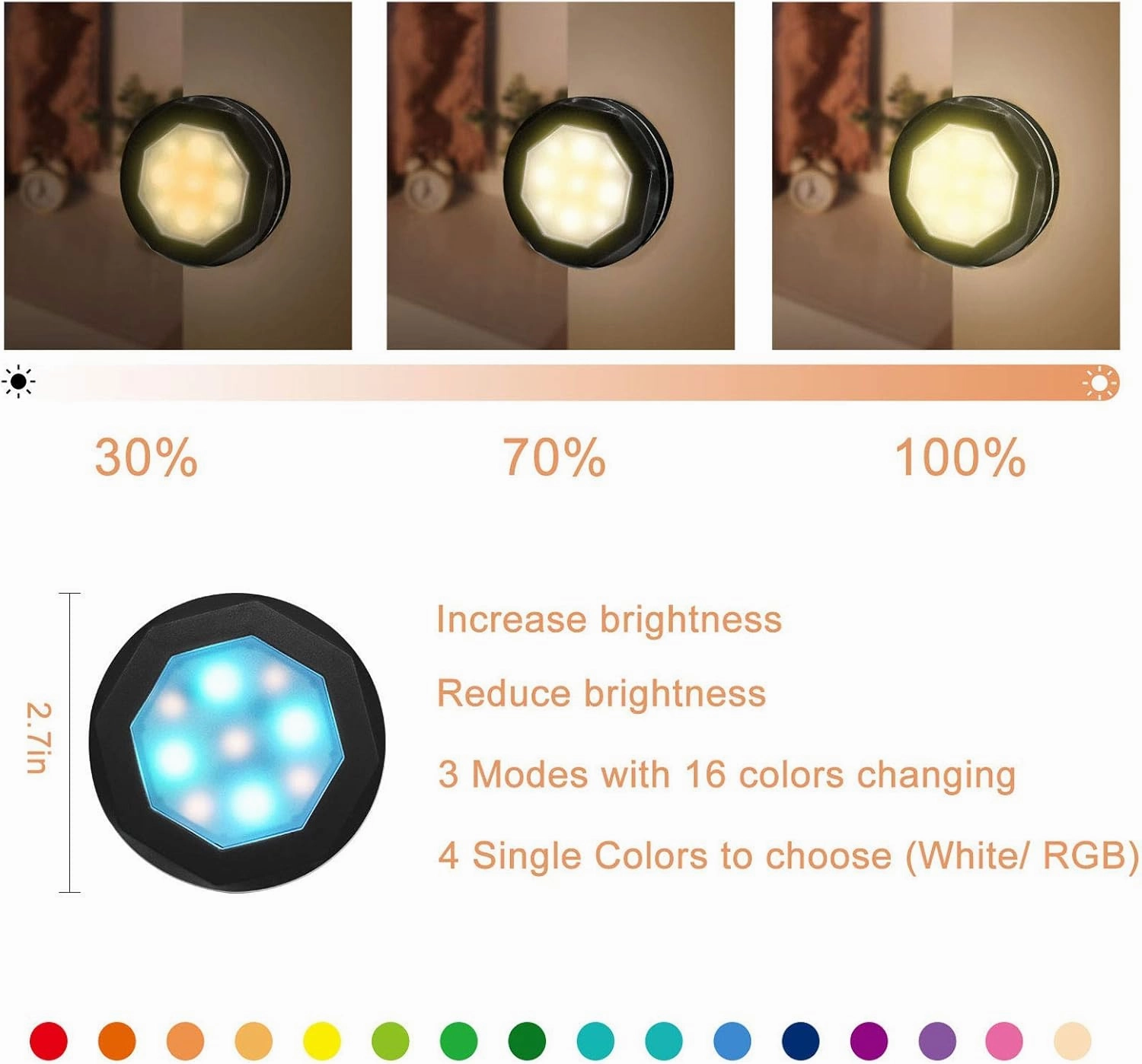 Under Cabinet Puck Lights with Color Changing Dimmable Lights, 3500K LED Stick on Lights with Timing for Display Cabinet, Black Battery Powered 6 Pack