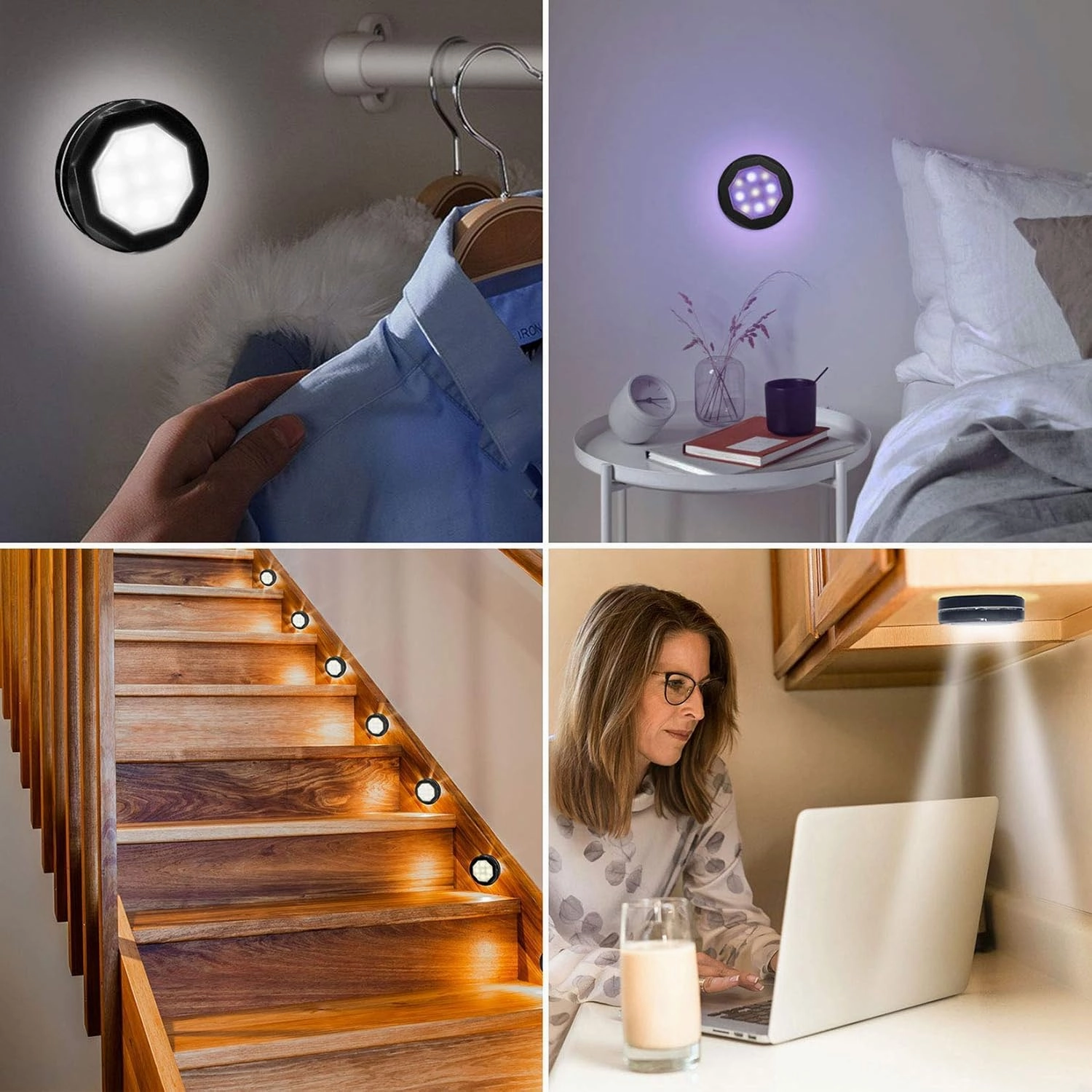 Under Cabinet Puck Lights with Color Changing Dimmable Lights, 3500K LED Stick on Lights with Timing for Display Cabinet, Black Battery Powered 6 Pack